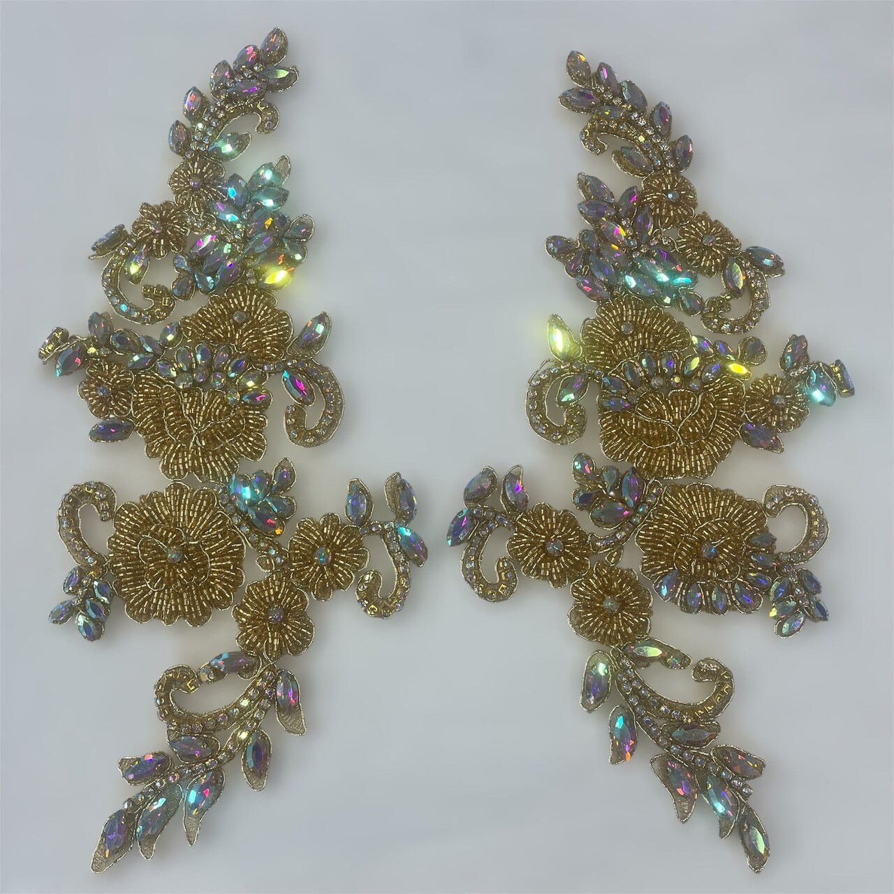 1 Pair Crystal Rhinestone Beaded & Corded Lace 100% Polyester, 12" x 5" Each Side